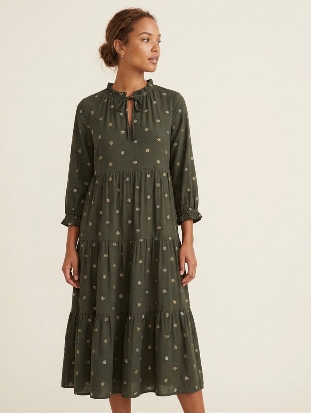 Madewell Olive Tiered Midi Dress with Mini Floral Motif
